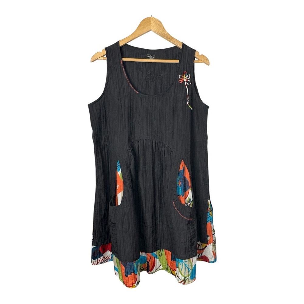Tara‎ Vao Black Sleeveless Dress Floral Pockets Unique Artsy Design Size Large